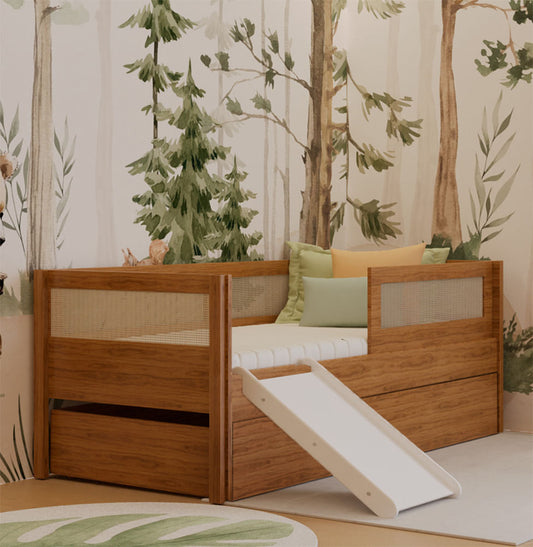 Combo Cama Sofá Haus Nature Com Palha 2 em 1 Com Cama Auxiliar e Escorregador - Freijó