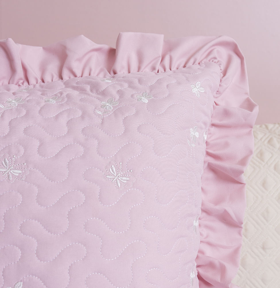 Capa Almofada Bordado Flores e Borboletas Rosa Nuvem - 50x50cm