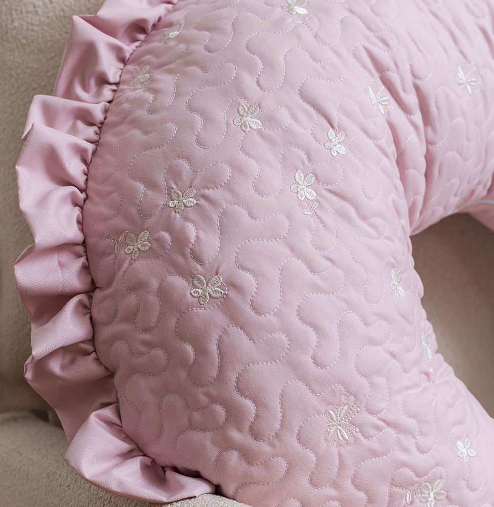 Almofada Amamentação Bordada Flores e Borboletas - Rosa Nuvem
