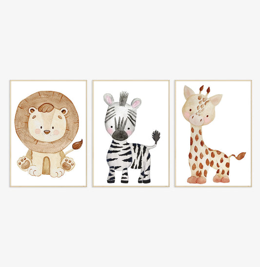 Conjunto com 3 Quadros Leão, Girafa e Zebra Color Moldura Filete Pinus - Vertical