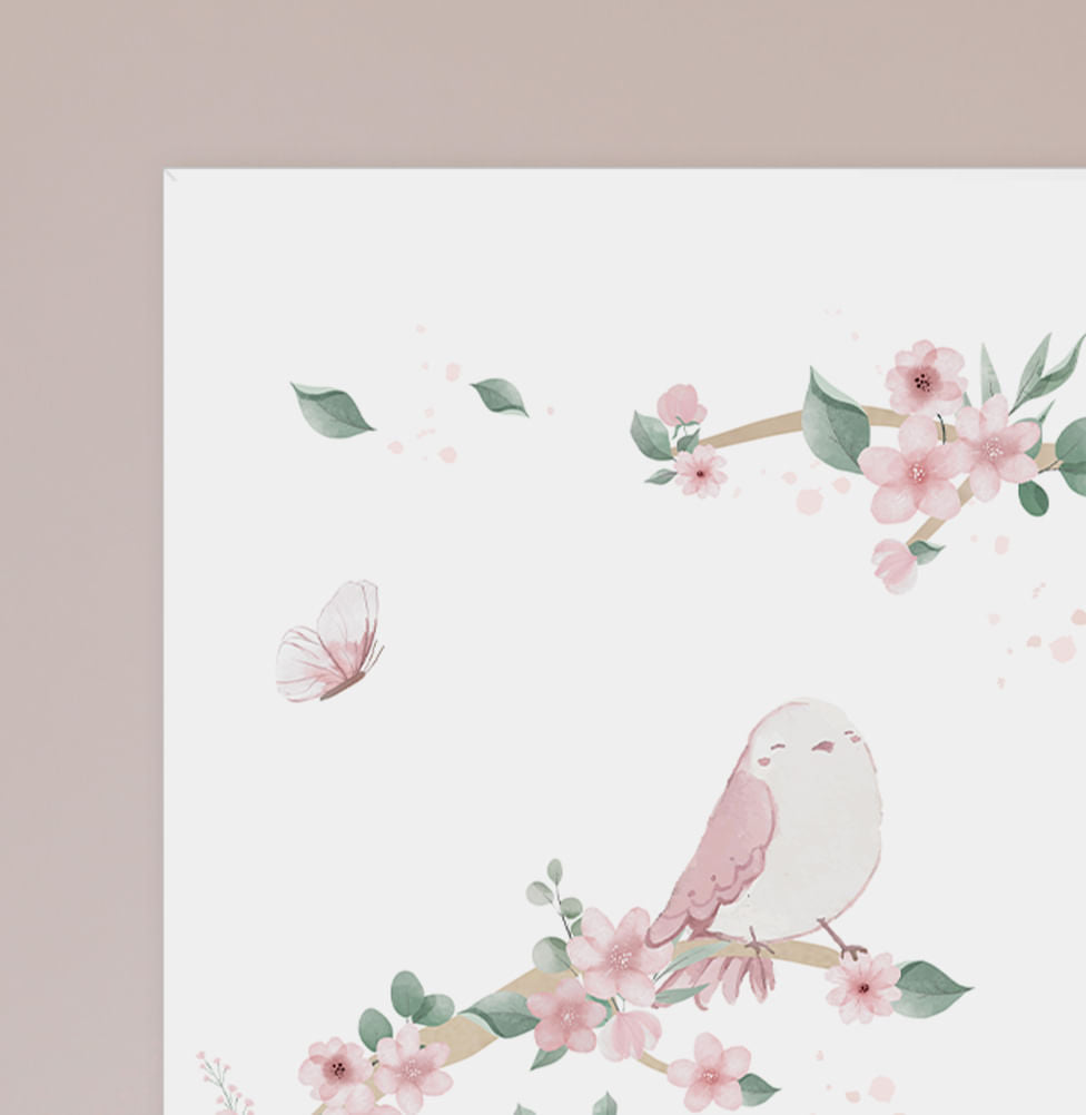 Conjunto com 3 Quadros Jardim Borboletas e Pássaros Rosa Moldura Filete Branca - Vertical