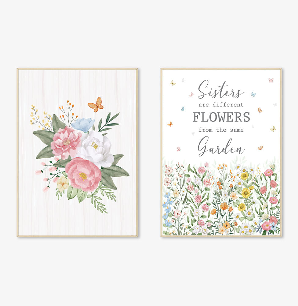 Conjunto com 2 Quadros Sisters Flores do Campo Color Moldura Filete Pinus - Vertical