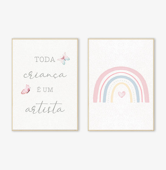 Conjunto com 2 Quadros Arco Íris Artista Rosa Moldura Filete Pinus - Vertical