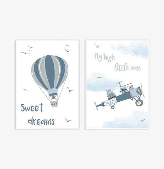 Conjunto com 2 Quadros Aviador e Balões Moldura Filete Branca