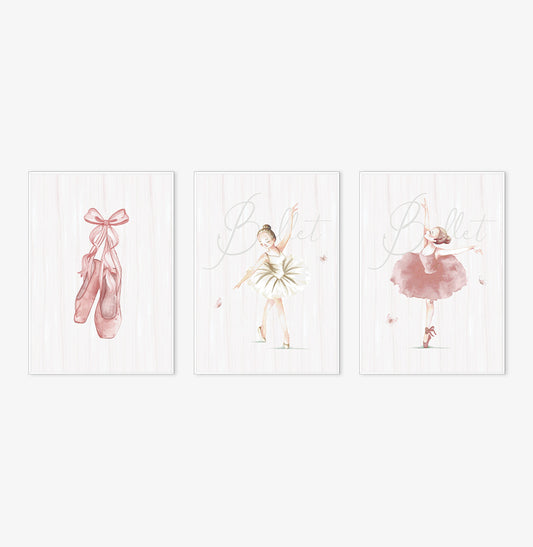 Conjunto com 3 Quadros Bailarina Rosa Moldura Filete Branca - Vertical