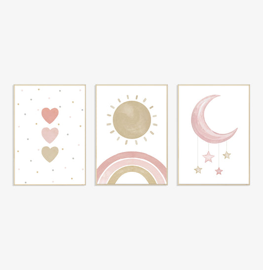 Conjunto com 3 Quadros Coração, Lua e Arco Íris Rosa Moldura Filete Pinus - Vertical