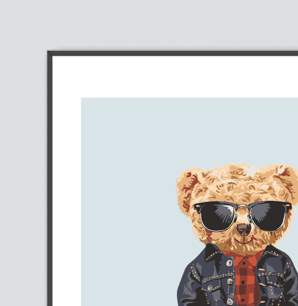 Conjunto com 3 Quadros Urso Polo Azul Moldura Filete Preta