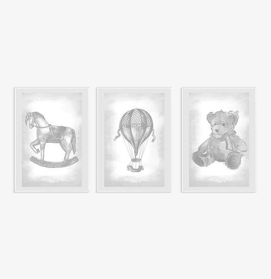 Conjunto com 3 Quadros Urso, Balão e Cavalinho Classic Cinza Moldura Filete Branca