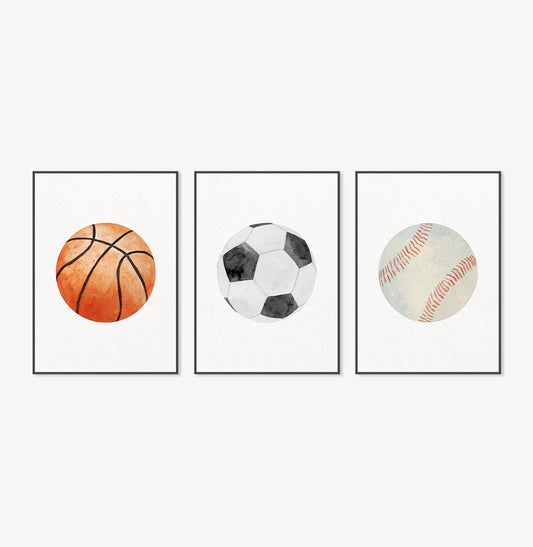 Conjunto com 3 Quadros Bolas Futebol, Tênis e Basquete Moldura Filete Preta