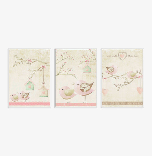 Conjunto com 3 Quadros Coleção Passarinhos Moldura Filete Branca