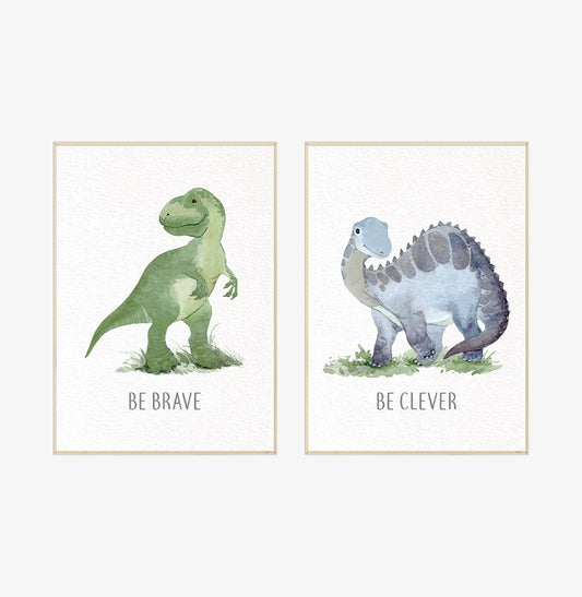Conjunto com 2 Quadros T-Rex e Brontossauro Moldura Filete Pinus