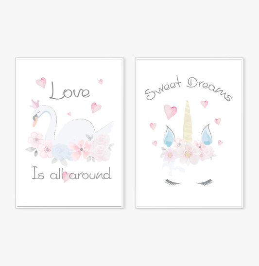 Conjunto com 2 Quadros Cisne e Unicórnio Moldura Filete Branca