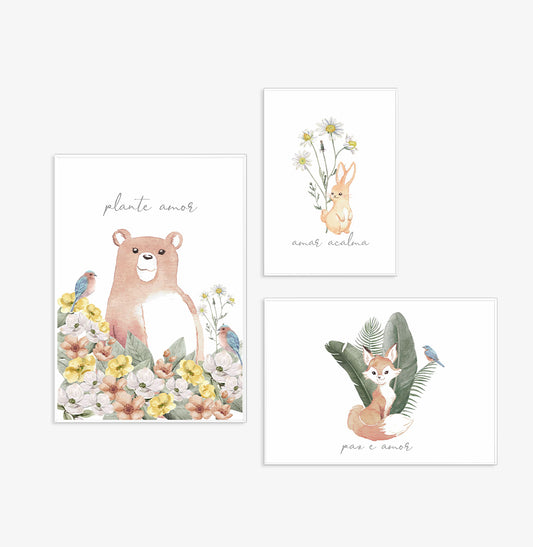 Conjunto com 3 Quadros Animais Plante Amor Moldura Filete Branca