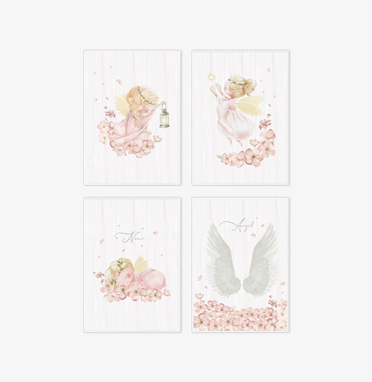 Conjunto com 4 Quadros Anjinhas e Asas com Nome Moldura Filete Branca - Personalizada