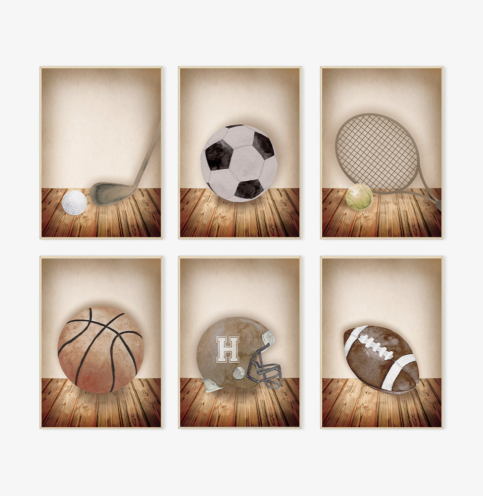 Conjunto com 6 Quadros Esportes Aquarela Bege Moldura Filete Pinus