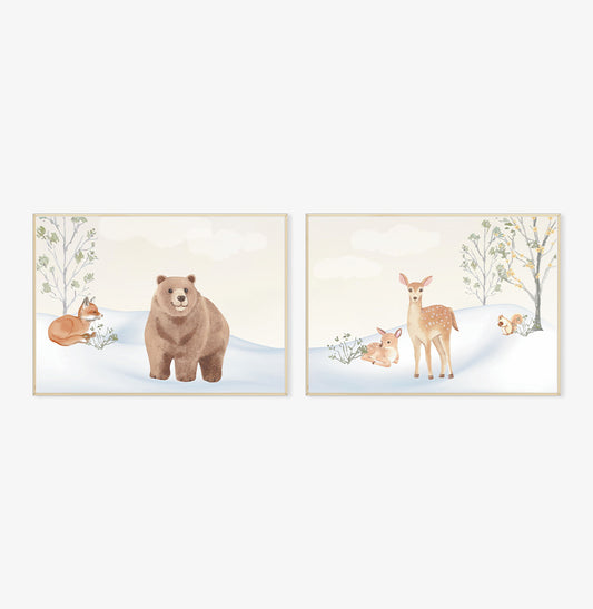 Conjunto com 2 Quadros Bichos na Neve Moldura Filete Pinus