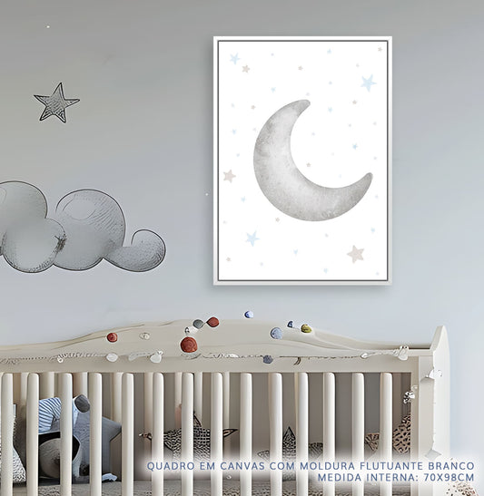 Quadro Infantil Lua Crescente Aquarela Cinza - Vertical