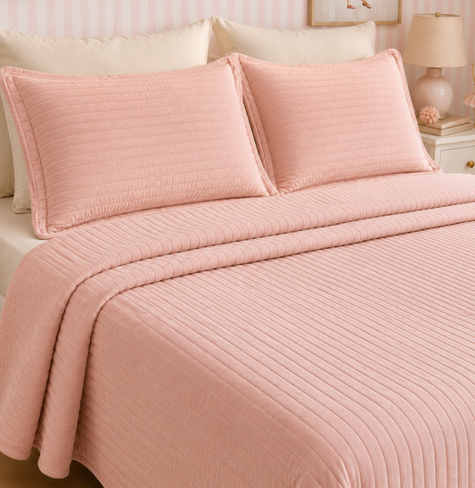 Kit Colcha Casal Listra 3 Peças - Rosa Chá