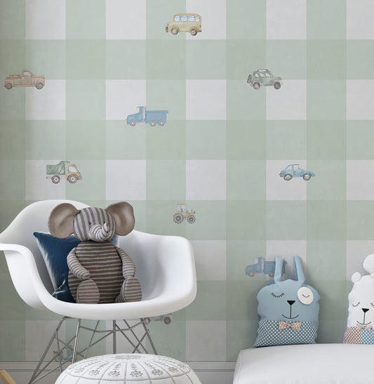 Papel de Parede Xadrez com Carros Aquarela Verde - Mural