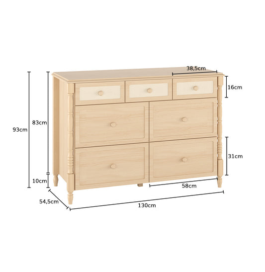 Cômoda de Bebê Monet 7 Gavetas com Palha130cm - Carvalho