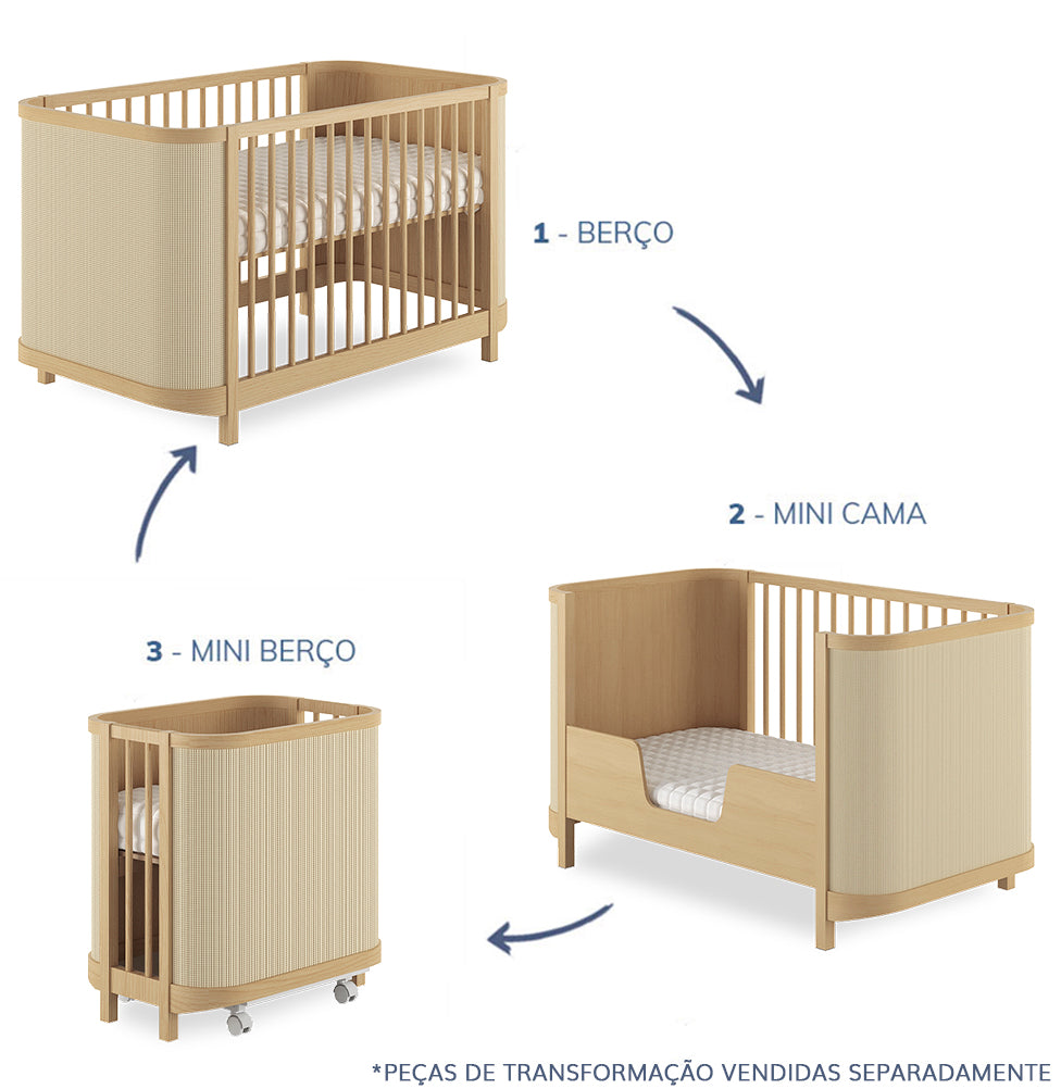 Berço Raika 3 em 1 Com Palha - Carvalho
