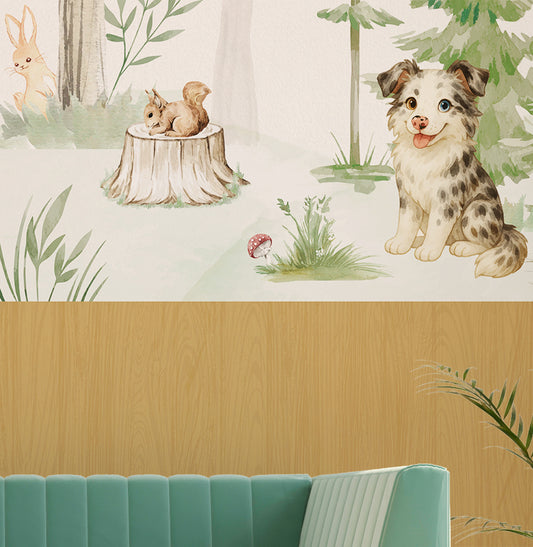 Papel de Parede Infantil Animais na Floresta Verde e Madeira Carvalho – Mural