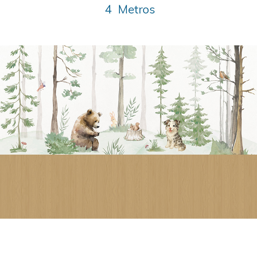 Papel de Parede Infantil Animais na Floresta Verde e Madeira Carvalho – Mural