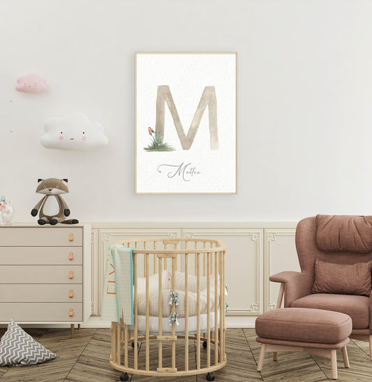 Quadro Infantil Inicial com Nome Bege Personalizado – Vertical