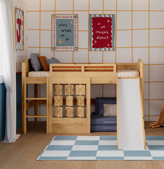 Cama Tris Mezanino Com Escorrega e Jogo da Velha - Carvalho