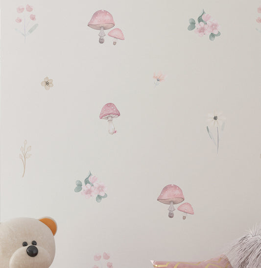 Papel de Parede Infantil Cogumelos e Flores