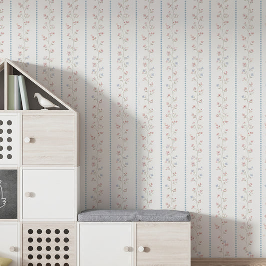 Papel de Parede Infantil Floral e Listra Paris
