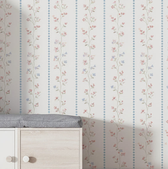Papel de Parede Infantil Floral e Listra Paris