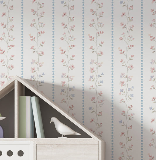 Papel de Parede Infantil Floral e Listra Paris