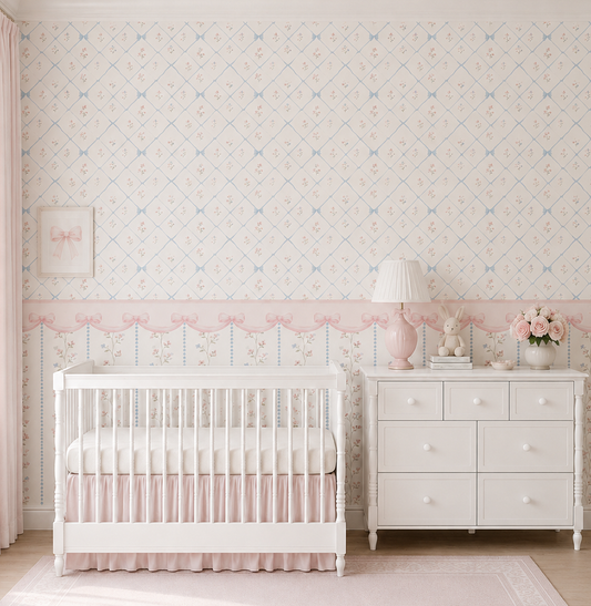PAPEL DE PAREDE INFANTIL FLORES E LAÇOS COM RODAMEIO - MURAL