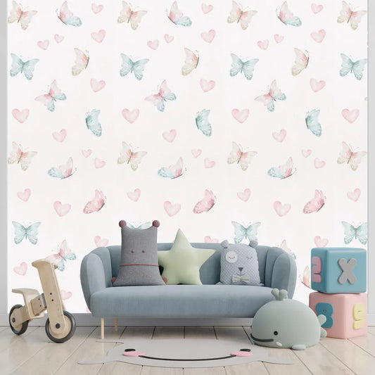 Papel de Parede Infantil Borboleta e Corações Aquarela