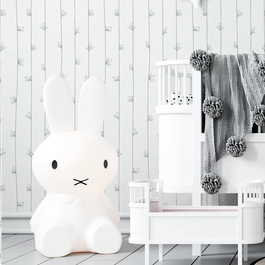 Papel de Parede Infantil Linhas e Folhas Cinza