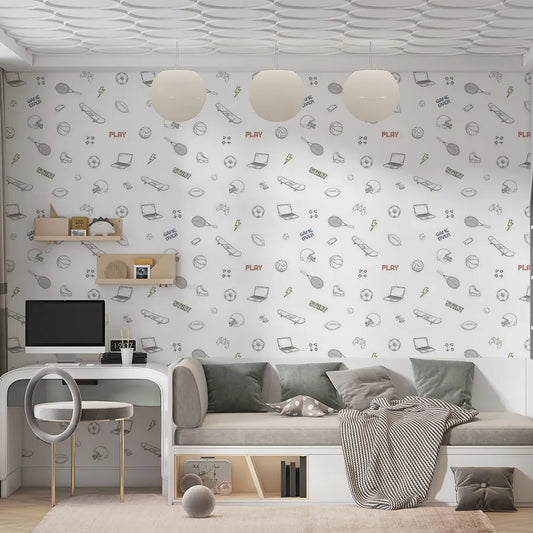 Papel de Parede Infantil Sport e Gamer Cinza