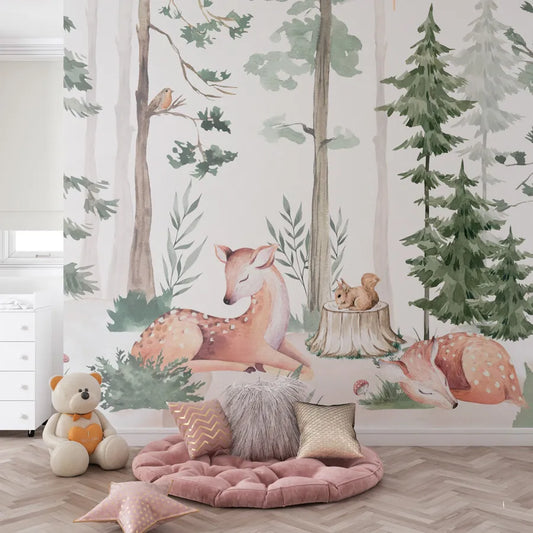 Papel de Parede Infantil Cervo na Floresta Verde - Mural
