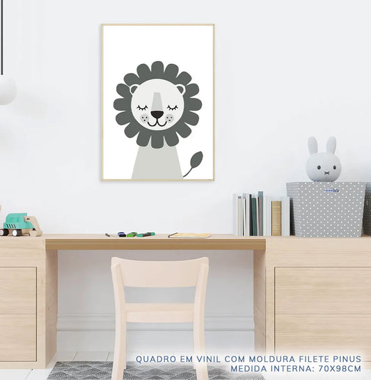 Quadro Infantil Leão Moderno Cinza - Vertical