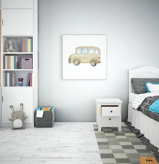 Quadro Infantil Ônibus Aquarela Amarelo - Quadrado