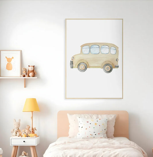 Quadro Infantil Ônibus Aquarela Amarelo - Vertical