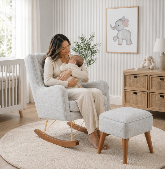 POLTRONA MAJU COM PUFF BALANÇO LINHO CANNES CINZA