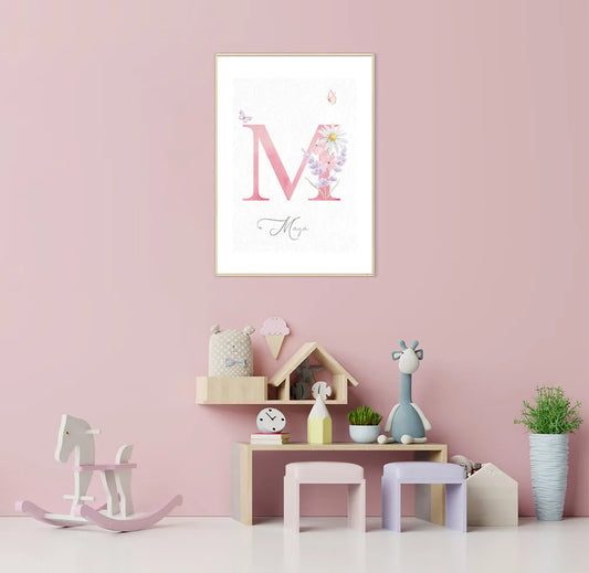 Quadro Infantil com Flores Lavanda Lilás Inicial Personalizada - Vertical