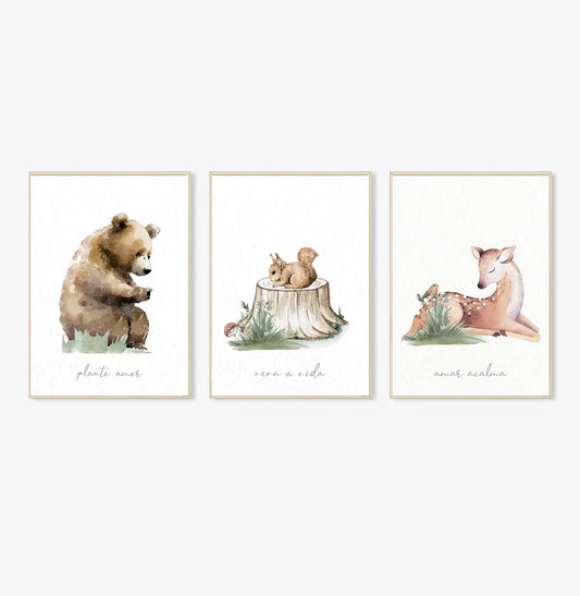 Conjunto com 3 Quadros Urso, Esquilo e Cervo Verde Moldura Filete Pinus - Vertical
