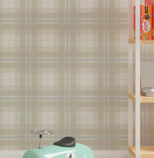Papel de Parede Infantil Xadrez Classic Bege com Azul Claro