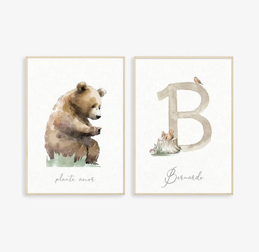 Conjunto com 2 Quadros Esquilo e Urso Verde Inicial Personalizada Moldura Filete Pinus