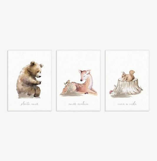 Conjunto com 3 Quadros Urso, Esquilo e Cervo Bege Moldura Filete Branca - Vertical