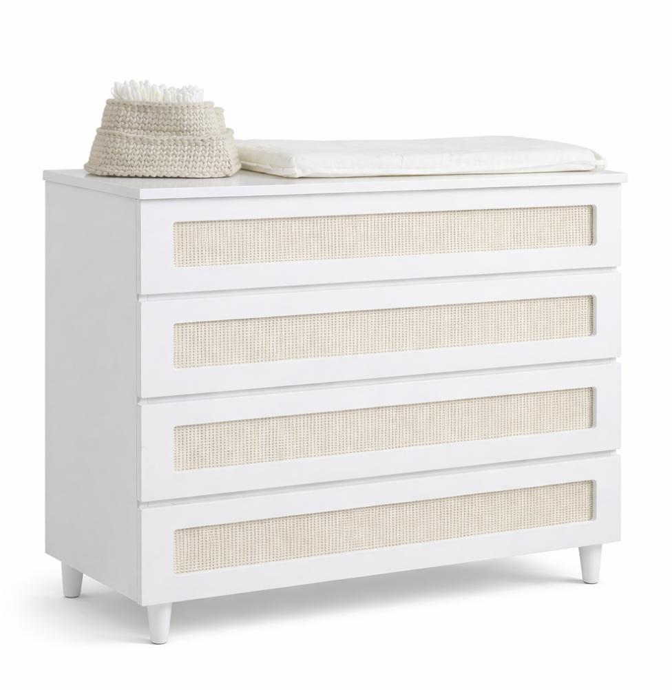 Cômoda de Bebê Haus Nature Com Palha e 4 Gavetas Branca 110cm
