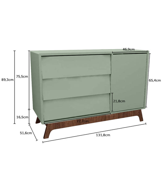 Cômoda de Bebê Raika com Porta Verde Jardim e Pé Mel