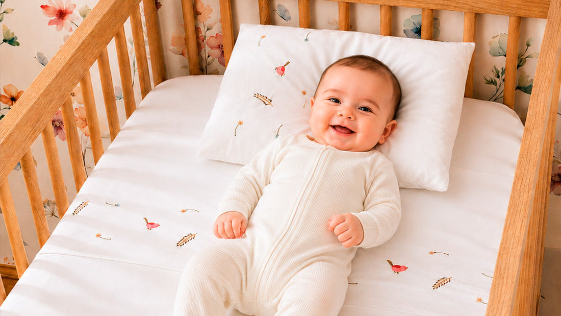 Bebê sorrindo deitado no berço sobre lençol e travesseiro do enxoval